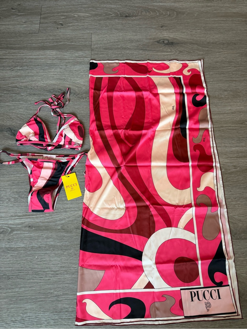 Emilio Pucci Pink Multi Swirl Bikini Set with Matching Sarong